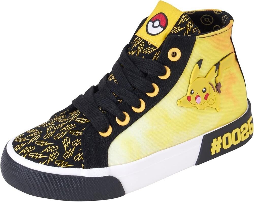 Pokemon Pikachu Boys High Top Sneakers Size 2 Kids Canvas Shoes Yellow #0025